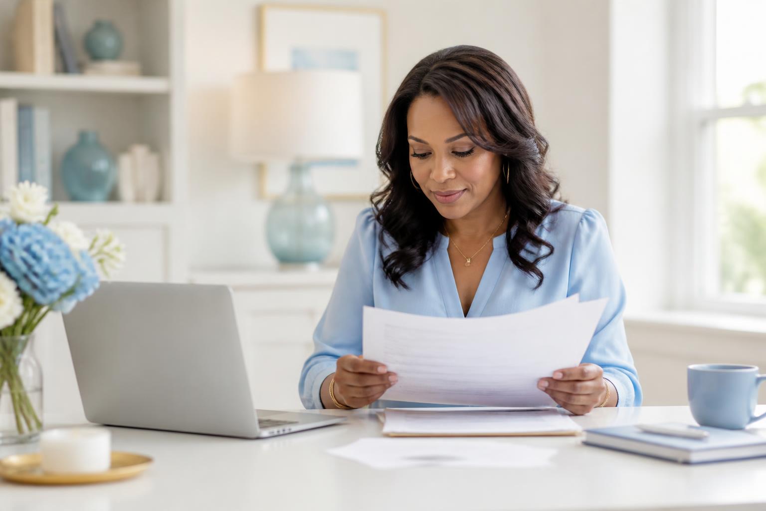 Professional African American tax accountant reviewing documents in a bright modern office