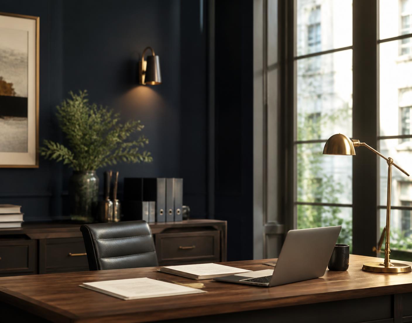 Quiet boutique accounting office with a wooden desk and warm afternoon light
